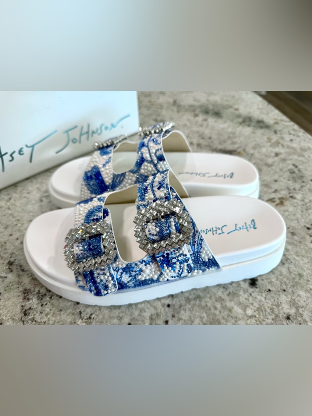 Betsey Johnson White and Blue Floral Buckle Slide Sandals "NWT"